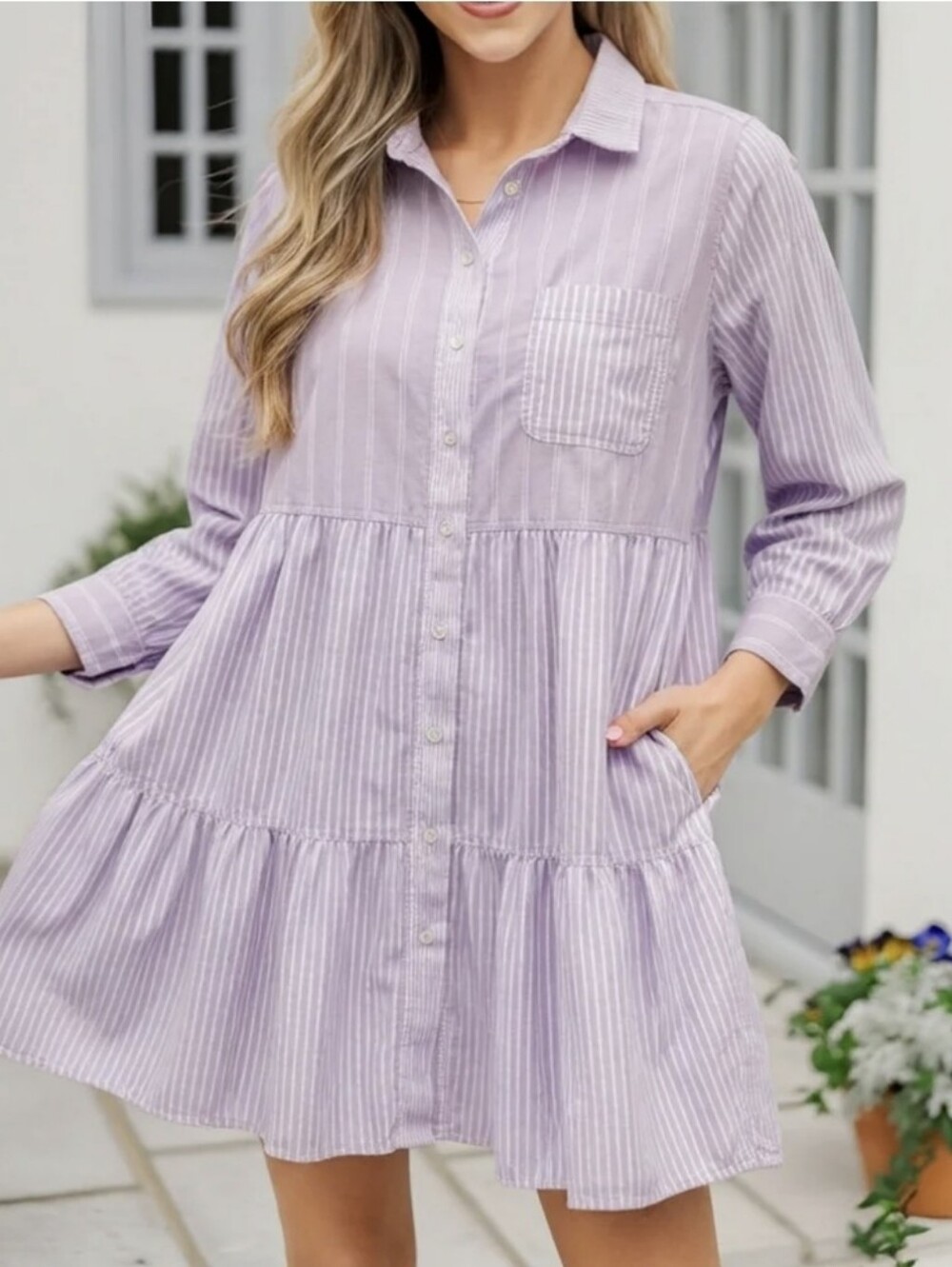 Loft Petites Lilac Striped Cotton Shirt Dress, Sz SP